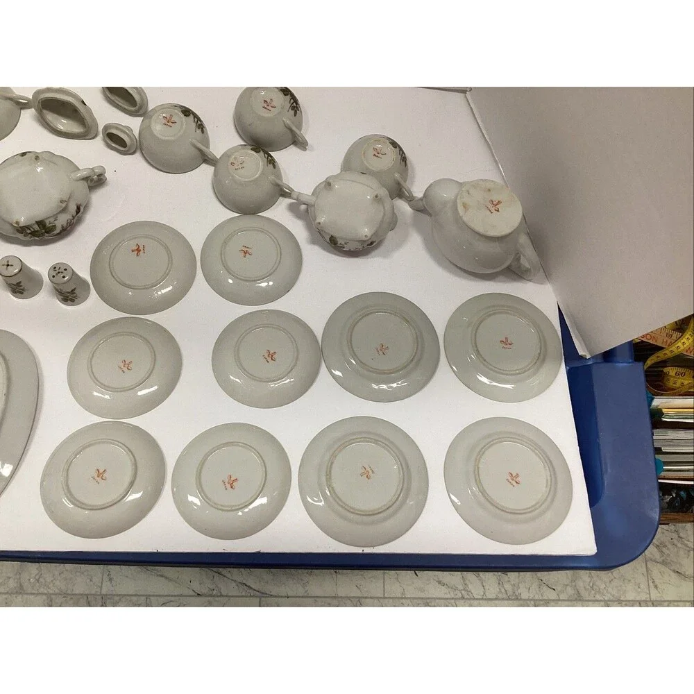 1950s vtg child tea set moss rose 28 pcs miniature bone china Japan crane